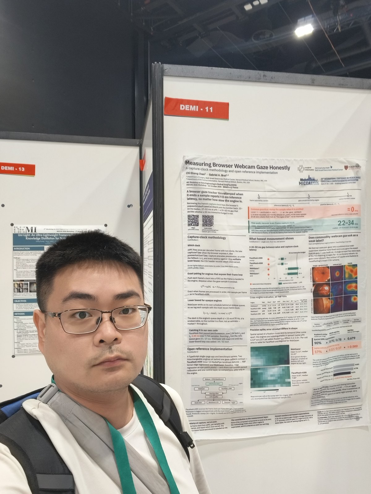 Chi-Sheng Chen at the DEMI 2026 poster board with the Webcam Gaze paper, MICCAI 2026, Strasbourg