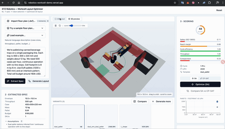 Robotics workcell optimizer live UI with 3D layout and CP-SAT scoring